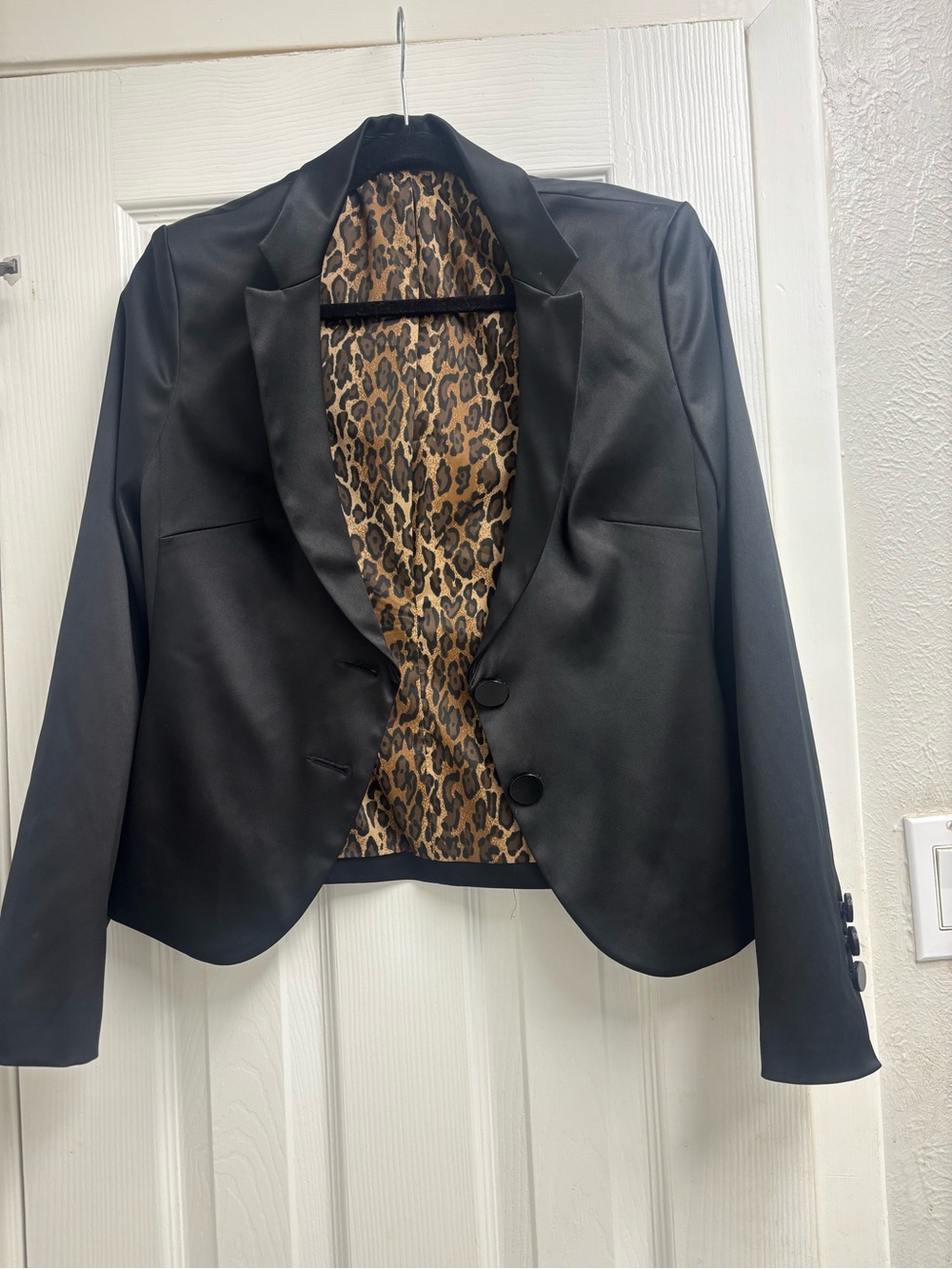 Express Women's Black Satin Blazer with Leopard Lining and Black Stone Buckle